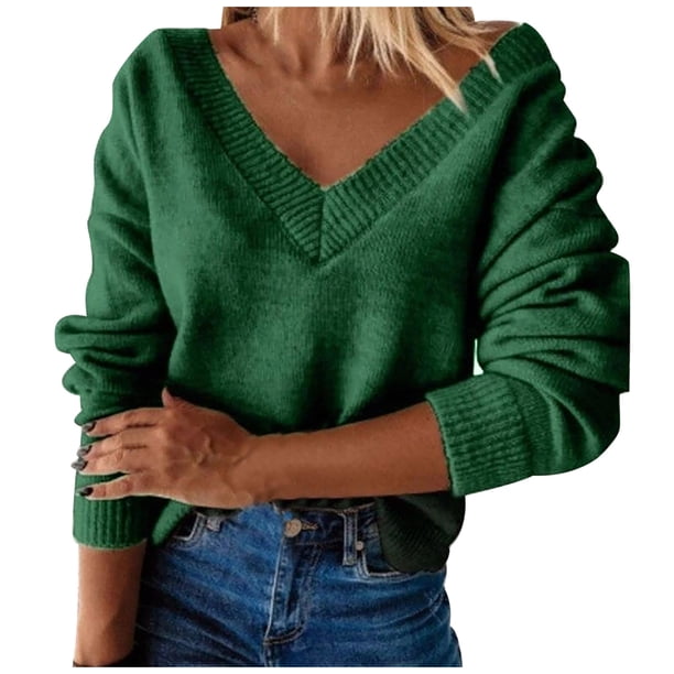 Moda mujer Color sólido manga larga Pullove cuello en V camisa suéter Tops Fridja hjk1926