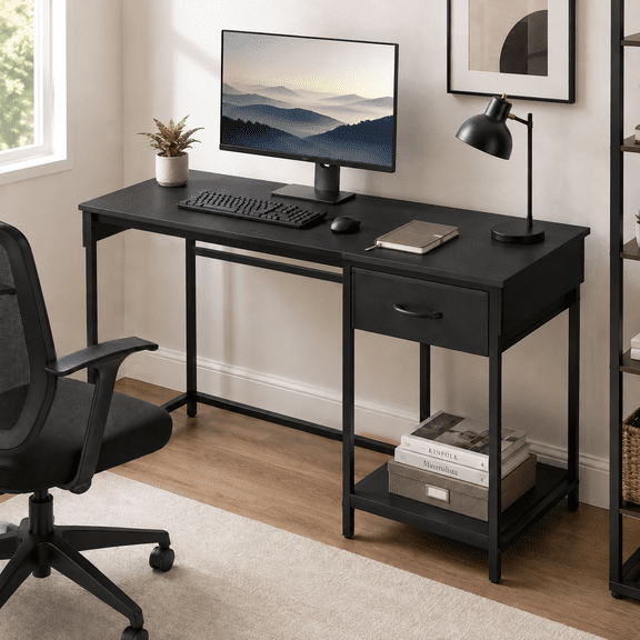 Desk with Storage Drawer and Open Shelf, Sturdy Workstation for Home