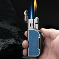 thumbnail image 4 of (Blue Carbon Fiber) Double Flame Wheel Lighter with Cigar Cutter, 2 Flame Optional Metal Windproof High Temperature Weldding Spitfire Household Kitchen Direct Torch Inflatable Outdoor For Candle Campi, 4 of 4
