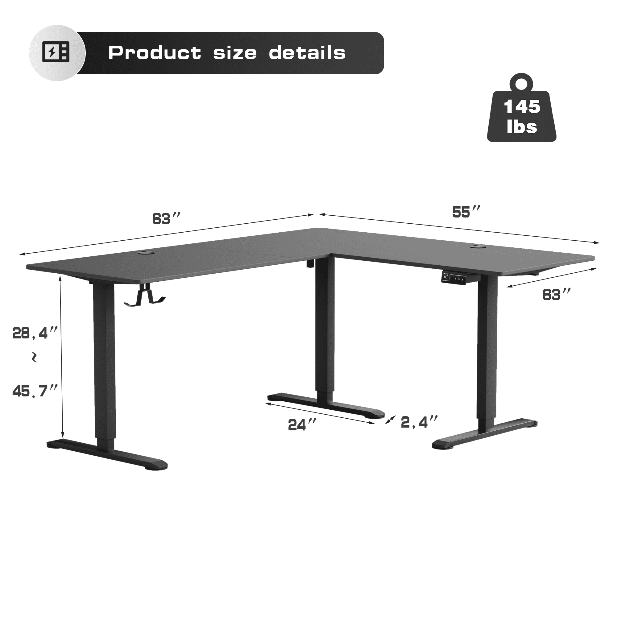 Furmax L-shaped Standing 63” W Electric Height Adjustable Computer Desk Sit-Stand Corner Desk for Home Office Lifting Range 28~46in with Memory Preset Controller, Black