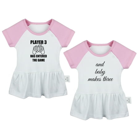 

Pack of 2 Player 3 Has Entered The Game & And Baby Makes Three Funny Dresses For Baby Newborn Babies Skirts Infant Princess Dress Toddler Frocks (Pink Raglan Dresses 18-24 Months)