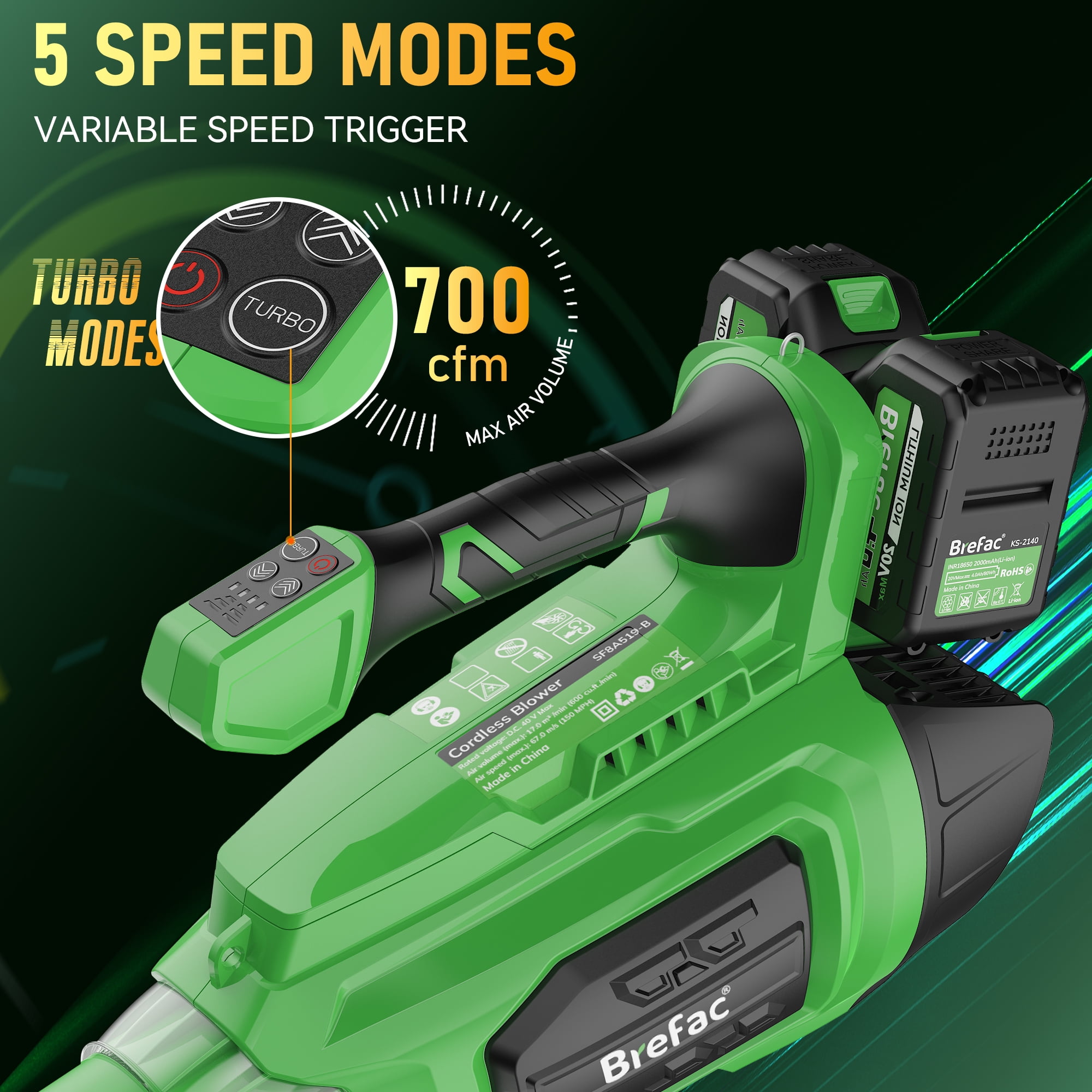 40V Leaf Blower 700CFM 180MPH, Brushless Motor with 2 X 4.0Ah Batteries and Fast Charger