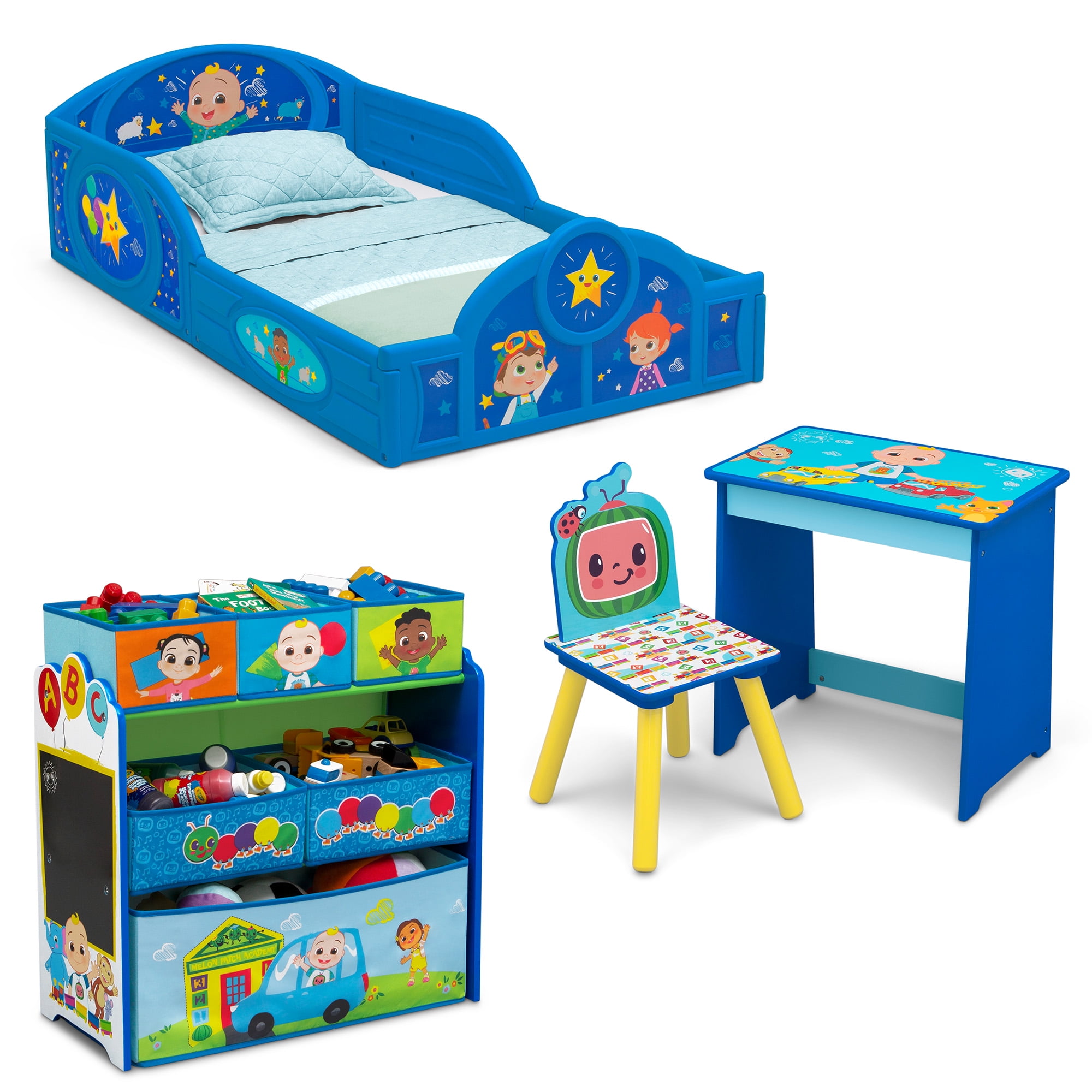 Cocomelon 4-Piece Room-in-a-Box Bedroom Set by Delta Children - Includes  Sleep & Play Toddler Bed, 6 Bin Design & Store Toy Organizer and Art Desk  with Chair - Walmart.com