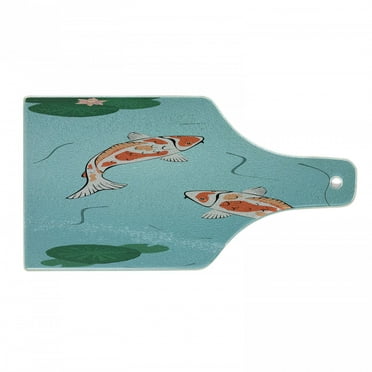 Koi Fish Cutting Board, 2 Japanese Koi Swimming in the Pond with Waterlilies Art Illustration, Decorative Tempered Glass Cutting and Serving Board, in 3 Sizes, by Ambesonne