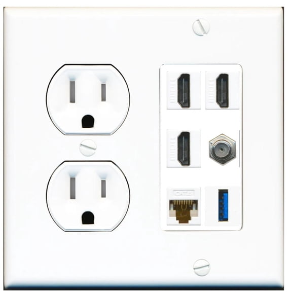 Ultra Spec Cables 3 Port HDMI Coax Cat6 Ethernet USB Wall Plate w/Tamper Resistant Power Outlet