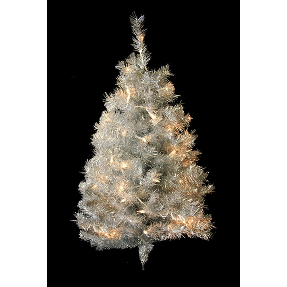 3' PreLit Silver Tinsel Artificial Christmas Wall Tree Clear Lights