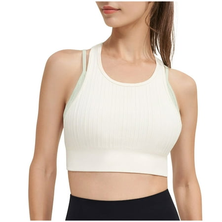 Bigersell Yoga Sports Bra Women T-Back Workout Crop Tank Tops with Built in Bras Solid Wireless Sports Bras Sleeveless Cropped Tank Tops Comfort Soft Pull-On Closure Padded Bra White L