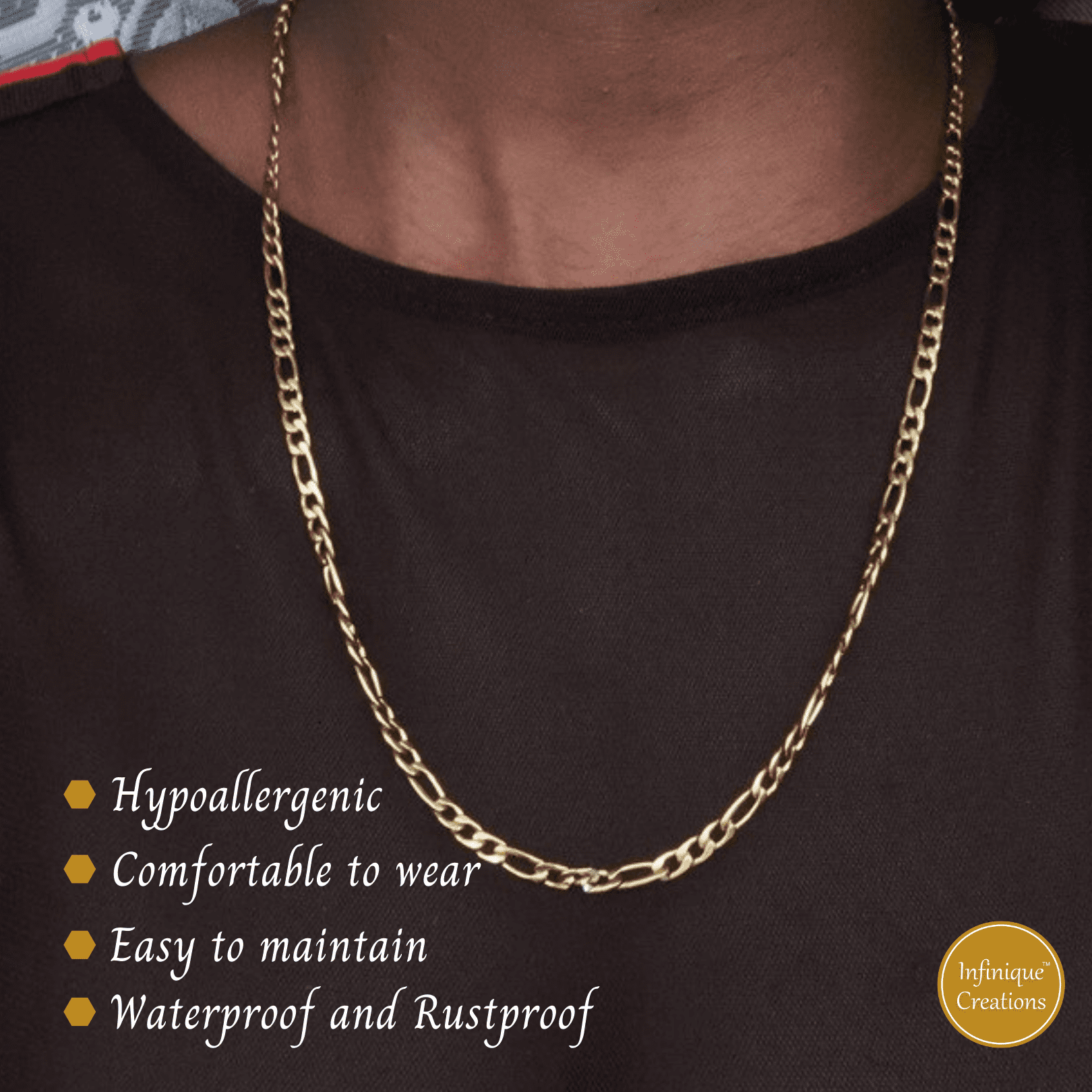 Infinique Creations - 18K Gold Plated Stainless Steel Figaro Chain Bracelet Necklace 7-38" 3-12mm