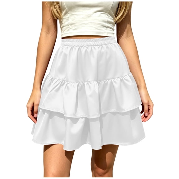 ZToonmas Women's Elastic Waist Tiered Ruffle Mini Skirt Solid Color Double Layer A-Line Skirt Casual Flowy Pleated Skirt