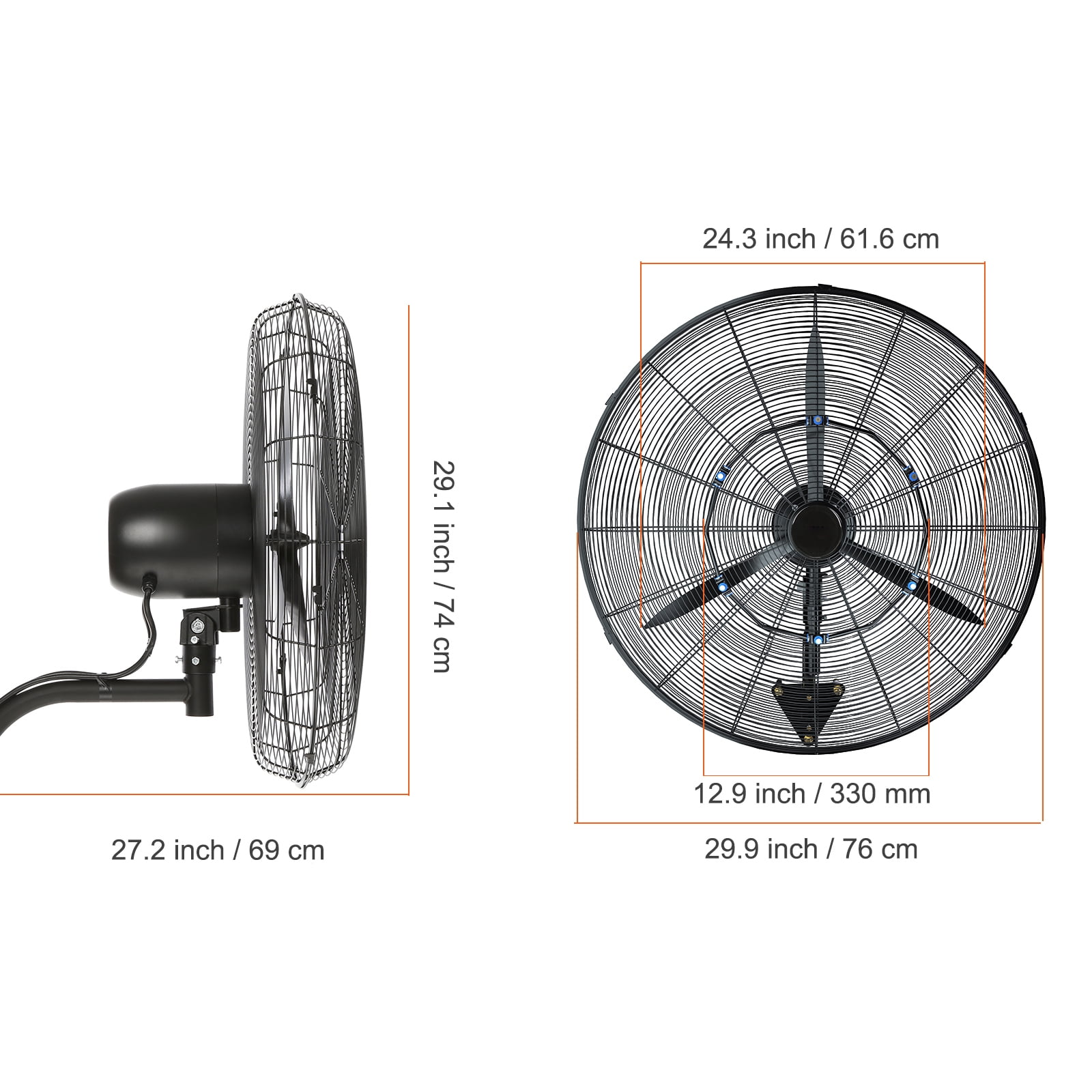SKYSHALO Wall-Mount Misting Fan Oscillating Metal Fan 24.3'' 3 Speed Waterproof