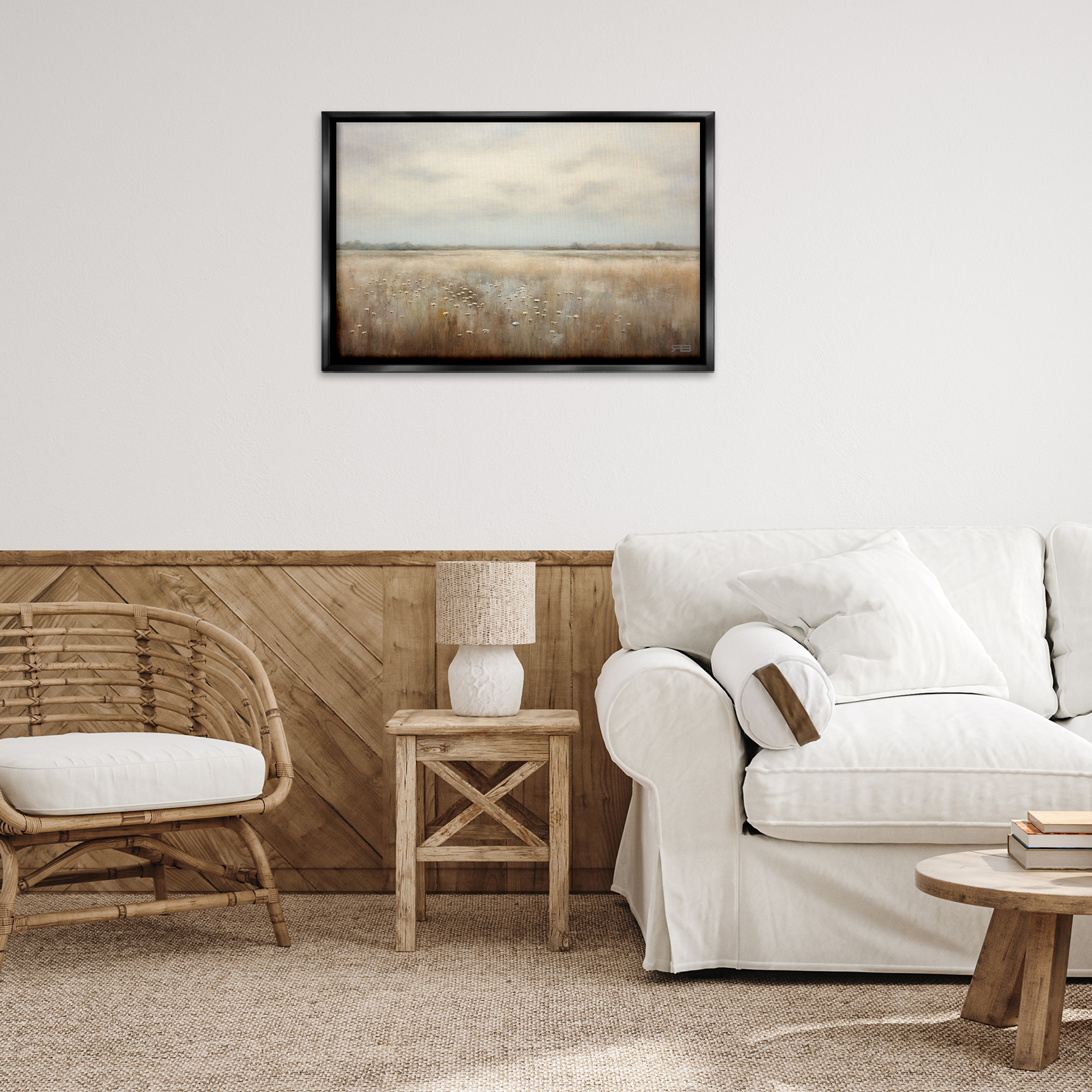 Stupell Industries Subtle Flower Meadow Landscape Painting Black Floater Framed Art Print Wall Art, 31 x 21