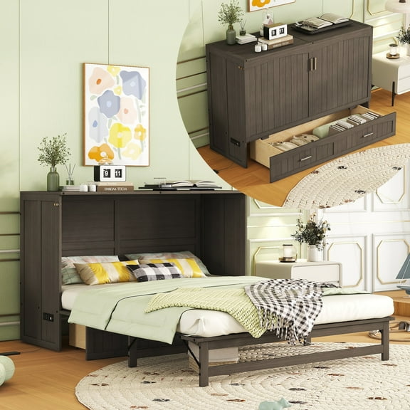 Bellemave Queen Size Murphy Bed with Charging Station, Wooden Murphy Cabinet Bed with Storage Drawer, Foldable Queen Size Platform Bed Frame for Guest Room Home Office (Antique Gray)