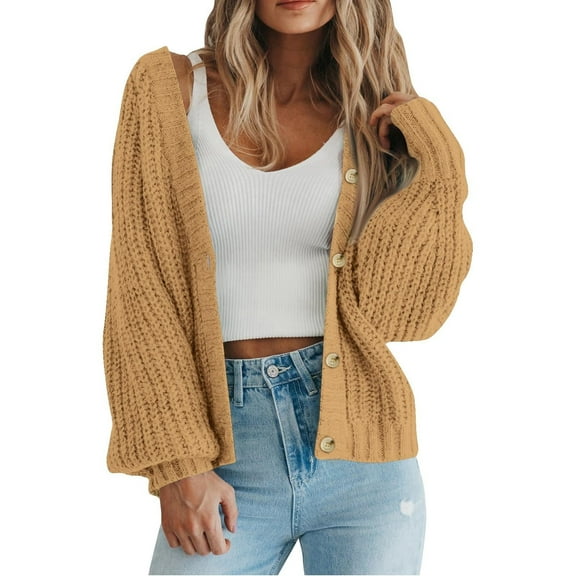 Women Long Sleeve V Neck Button Down Sweater Jackets Outerwear Casual Loose Fit Solid Color Short Crop Knitwear Cardigan