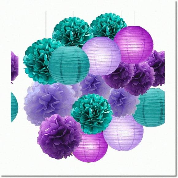 Mermaid Magic Party Kit: Under The Sea Decor 18pcs - Teal Lavender Purple 10inch 8inch Tissue Paper Pom Pom Paper Lanterns for Birthday, Baby Shower, Frozen Party & More!