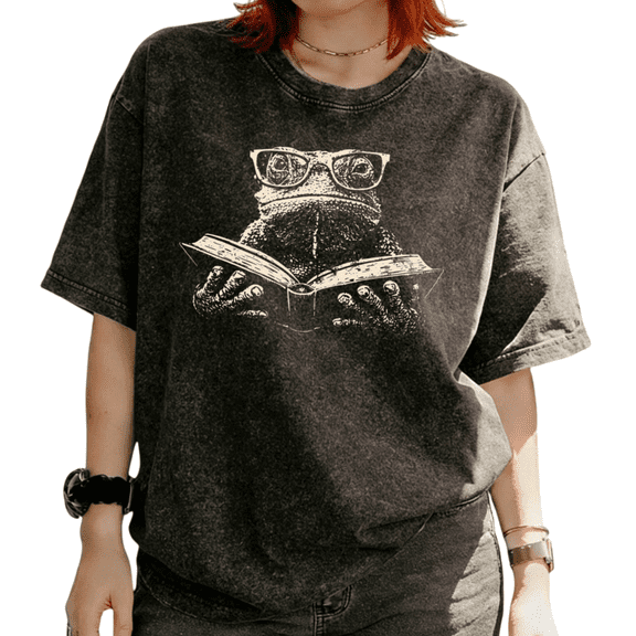 Cozymy Women's Vintage Reading Frog With Glasses Sketch Graphic Washed Short Sleeve T-Shirt Trendy Regular Fit Tees Tops