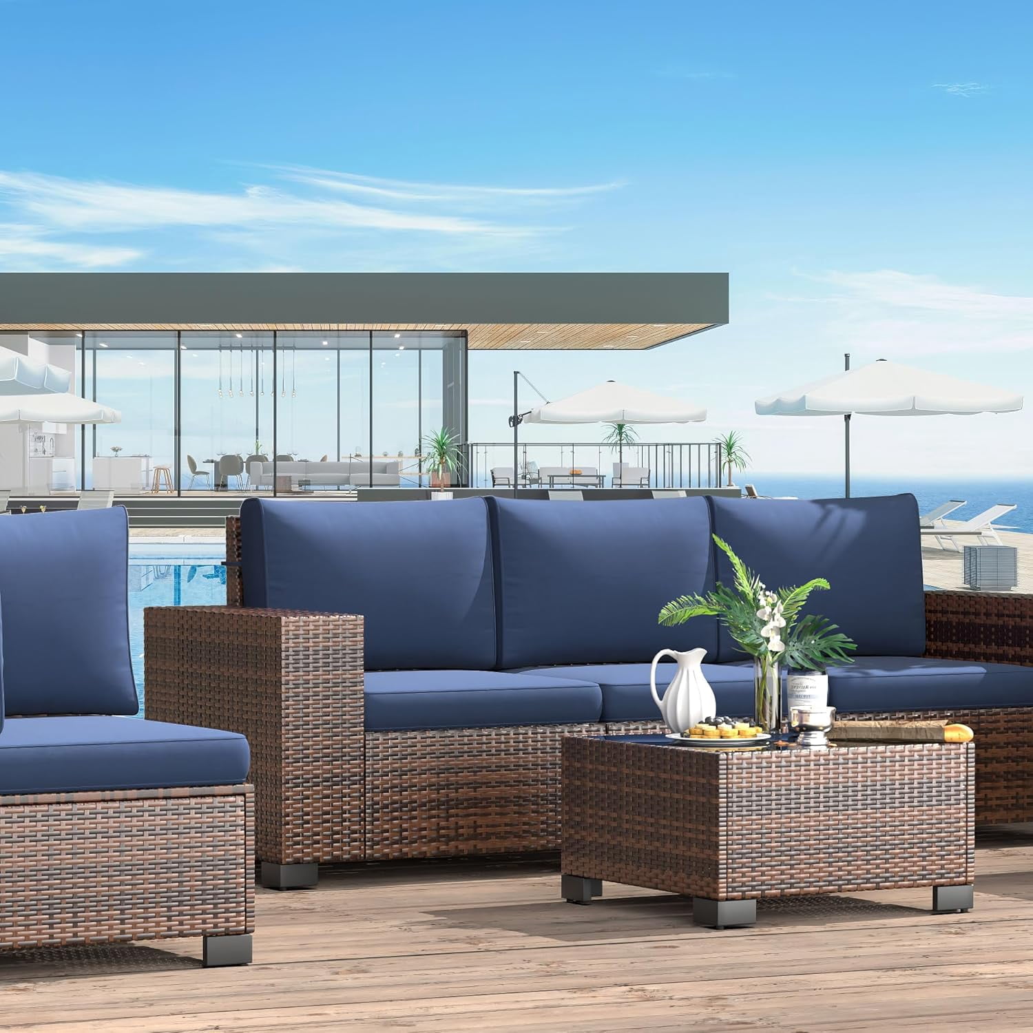 Patio Furniture Set, Ampatio 6-Piece Outdoor Sectional Sofa with Tempered Glass Table for Backyard & Porch, Wicker | Metal | Brown