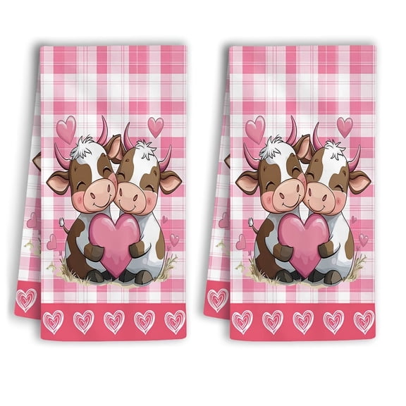 2Pc Super Soft Valentine's Day Towel Set - Charming Cartoon Cow with Pink Hearts and Buffalo Check Background, Perfect for Valentine's Day Decorations and Everyday Use