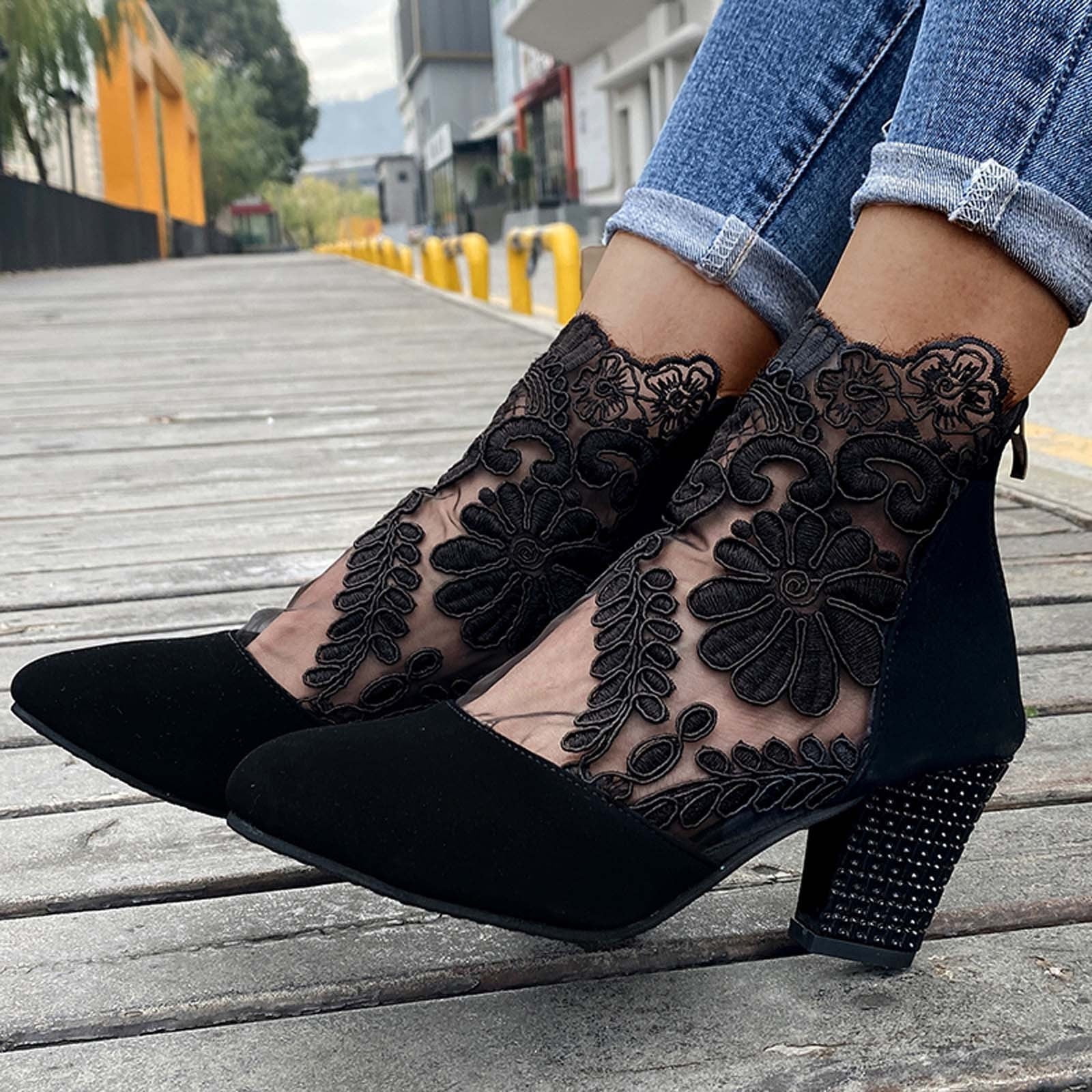 Women Mesh Zip Bootie Slip On Ankle Chunky Block Heel Open