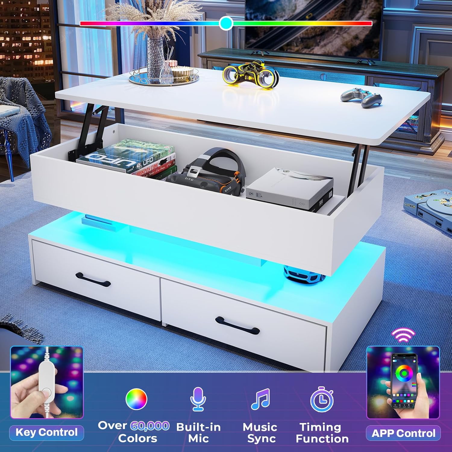 40" Lift Top Coffee Table with Storage, Modern Coffee Table with LED Lights and 2 Drawers, Small Coffee Table for Living Room, Dining Reception Room, White