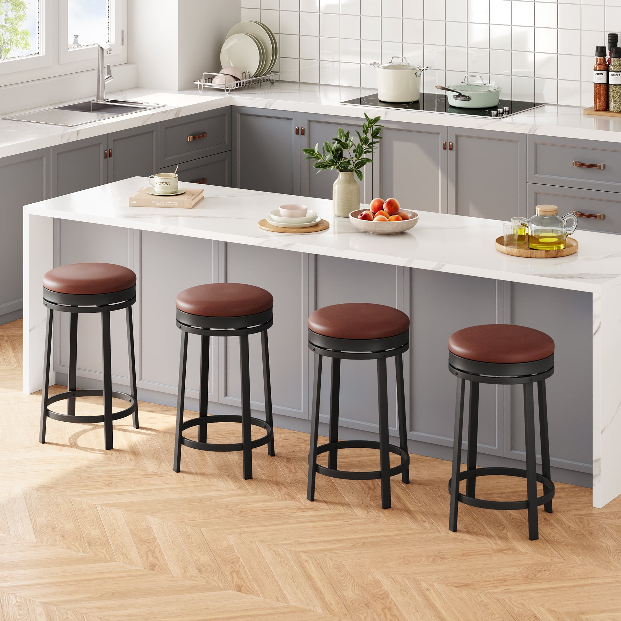 Bar Stools Set of 2, 24" Modern Swivel Barstools with Footrest, Modern Counter Height Barstools with PU Leather Upholstered and Metal Frame, for Kitchen Island, Dining Room, Home Bar