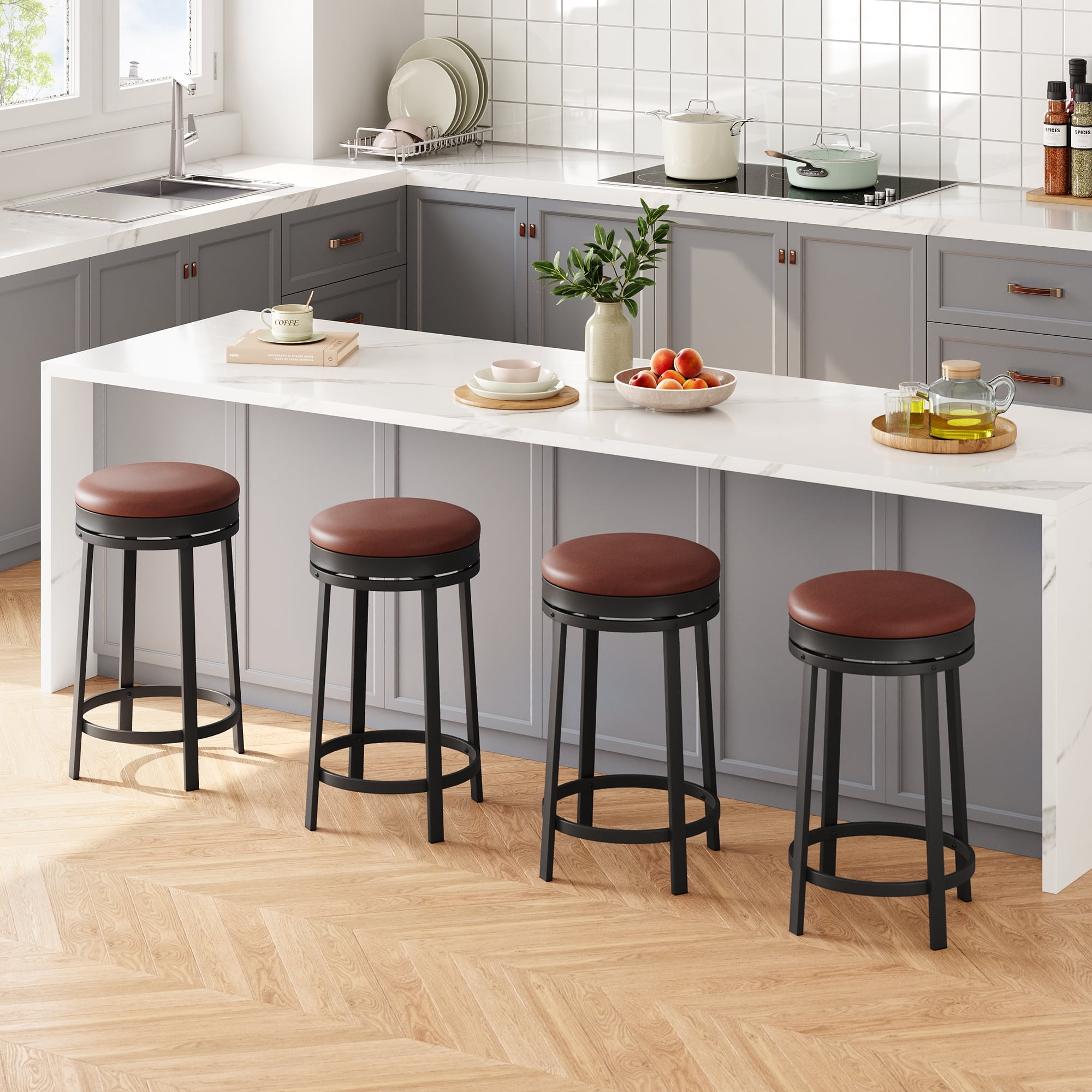 Modern Swivel Bar Stools Set – 24'' Counter Height, Backless, Round PU Leather Seats, Metal Frame & Footrest, Waterproof, Durable for Kitchen Island or Home Bar, Brown, 4PCs