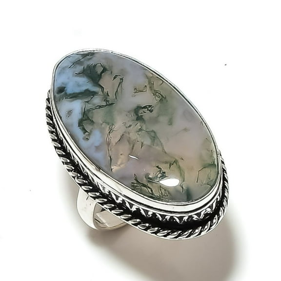 Natural Indian Moss Agate Gemstone 925 Sterling Silver Gift Ring Size 9