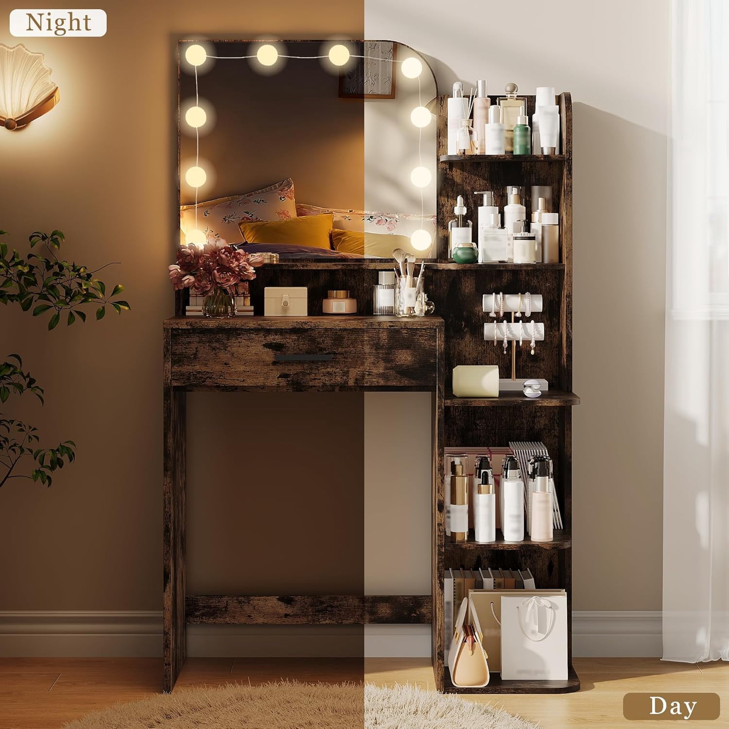 32" Makeup Vanity Desk with Mirror and Lights, 3 Lighting Colors, 5 Storage Shelves & Large Drawer, Brown Vanity Set for Bedroom, Girls and Women