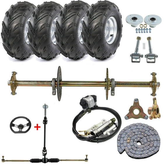 Complete DIY Go Kart & Drift Trike 32" Rear Axle Kit with 7" Wheel Tires Brake Assembly Steering Rack for Custom Made ATV, Quad, & Golf Carts Drift Trikes Buggy and Electric Vehicles