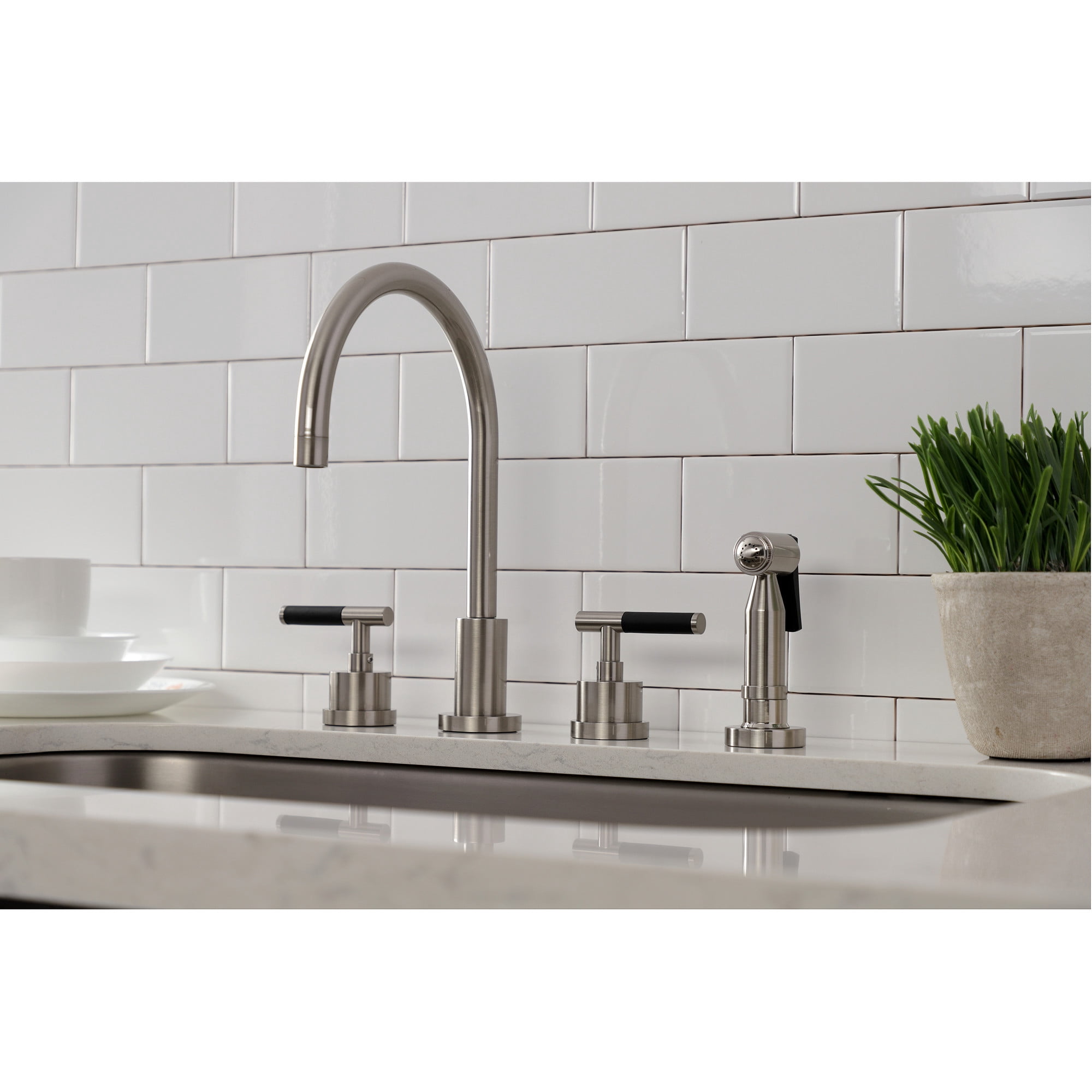 Kingston Brass KS8728CKLBS Kaiser Double-Handle 4-Hole Widespread Kitchen Faucet with Brass Sprayer in Brushed Nickel