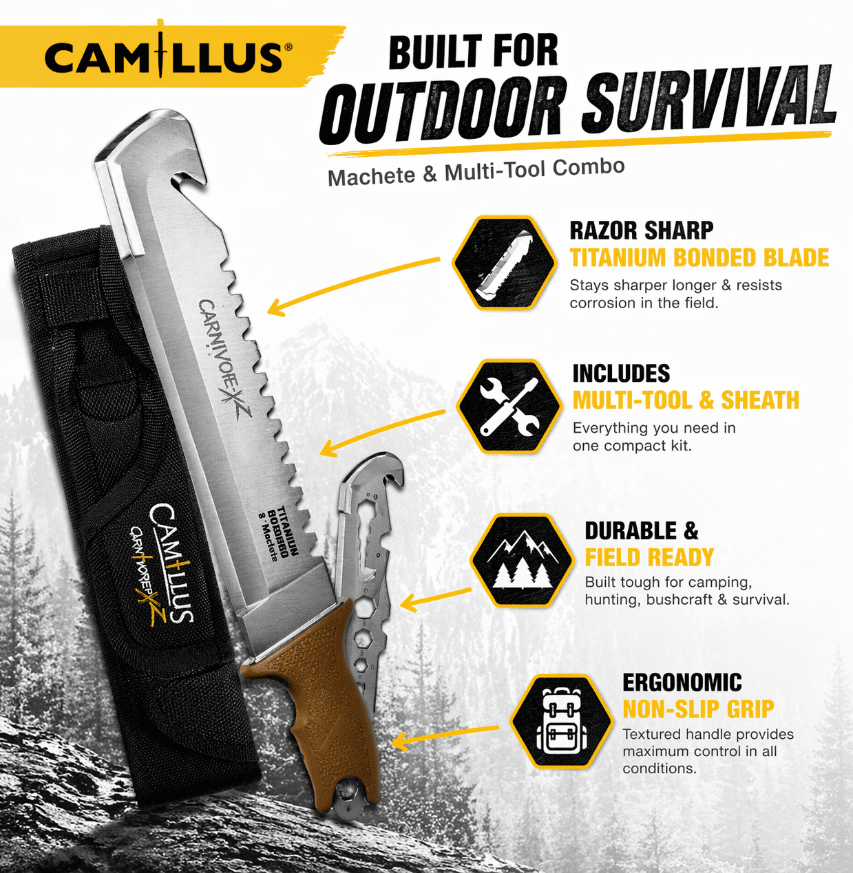 Camillus Carnivore XZ 8" Fixed Blade Knife Set with Sheath & Multi-Tool – Camping & Outdoor Utility Knife