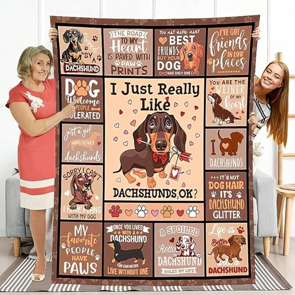 HELLOYOUNG Thickened Warm Flannel Throw Blanket, Cozy Dachshund-Themed Soft Retro Design with Paw Prints & Hearts, Perfect Gift for Dog Lovers, Sofa Bed Camping