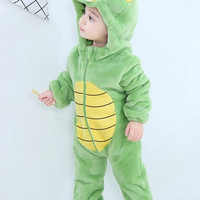 Mameluco de franela para bebé con forma de dinosaurio de dibujos animados súper lindo, mono con capucha y cremallera para cosplay de Halloween