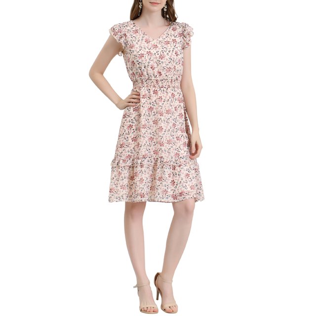 INSPIRE CHIC Robe pour Femme à Fleurs Manches Volantées Col en V Smockée à Volants Robes Décontractées Rose Pâle m