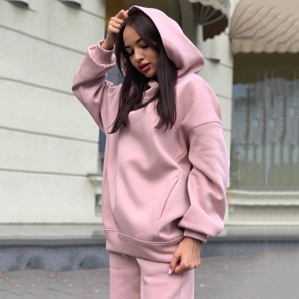 2-Piece Hoodies Set Solid Color Pullover Sweatshirt & Sweatpants Thick  Tracksuit Long Sleeves Baggy Pants Loose Fit Women's Clothing for Casual  Sports