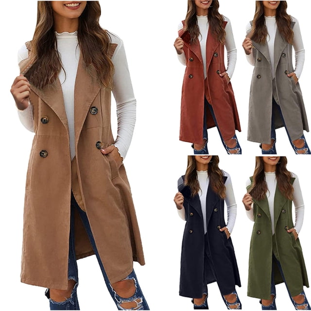 QIPOPIQ Gilet Long Sans Manches à Col pour Femmes, Cardigans à devant Ouvert, Vestes Blazer Longues, Vêtements d'Extérieur avec Poche, Liquidation