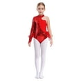thumbnail image 1 of TTAO Robe Justaucorps à Sequins et Plumes pour Filles, une Épaule, Manches Longues, Rouge 10, 1 of 8
