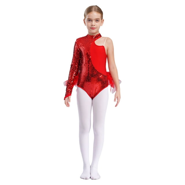 TTAO Robe Justaucorps à Sequins et Plumes pour Filles, une Épaule, Manches Longues, Rouge 10