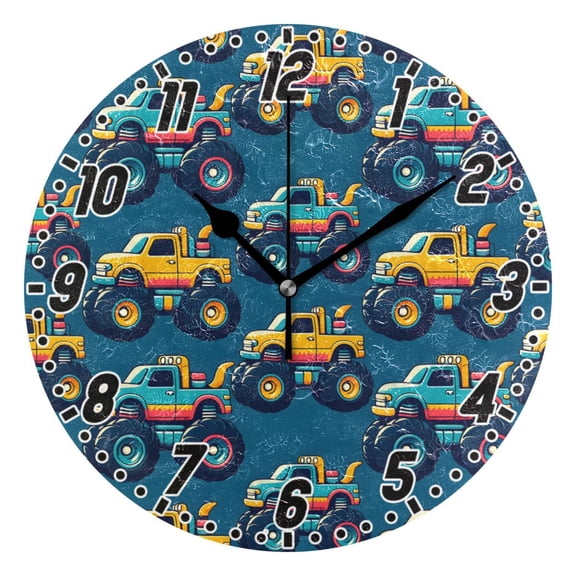 Beautiful Monster Trucks Car Round Wall Clock Battery Operated Silent Non-Ticking Bedroom Office Kitchen Home School Decor 10"(Black)