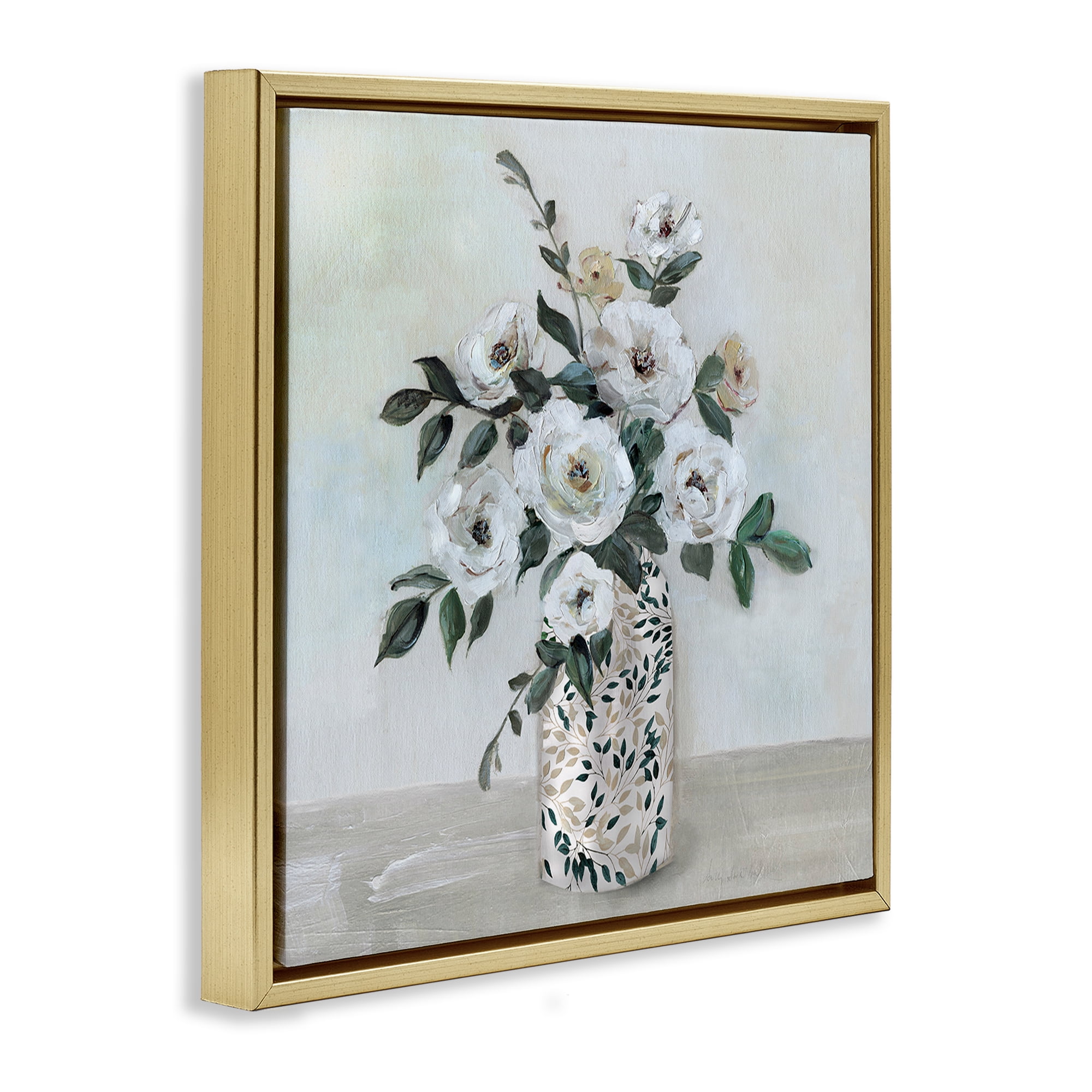 Stupell Industries Leaf Patterned Flower Vase Gold Framed Floater Canvas Wall Art, design by Sally Swatland