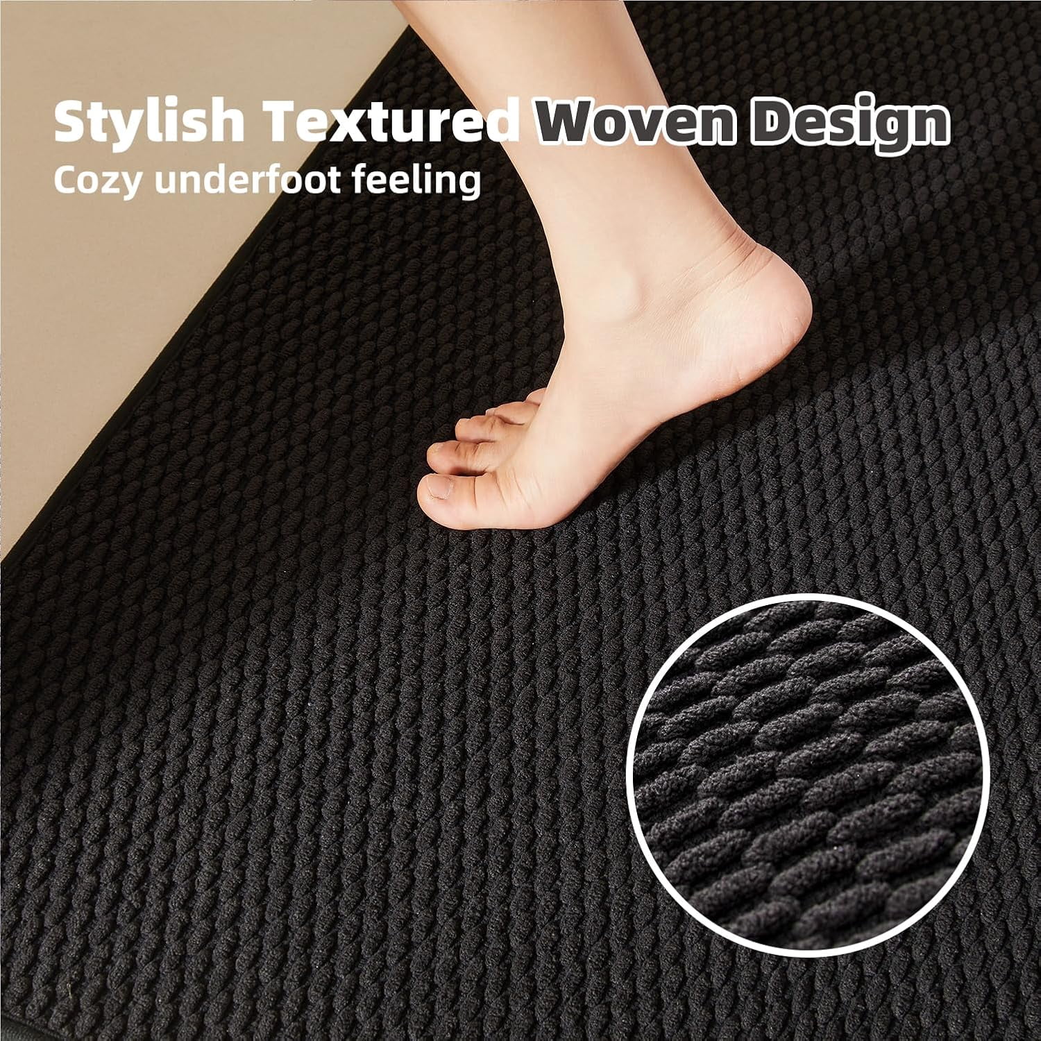 Black Bathroom Rugs Non Slip Washable, Super Absorbent Thin Bath Mat Quick Dry Low Pile Bathroom Rug, Black 24''x47''