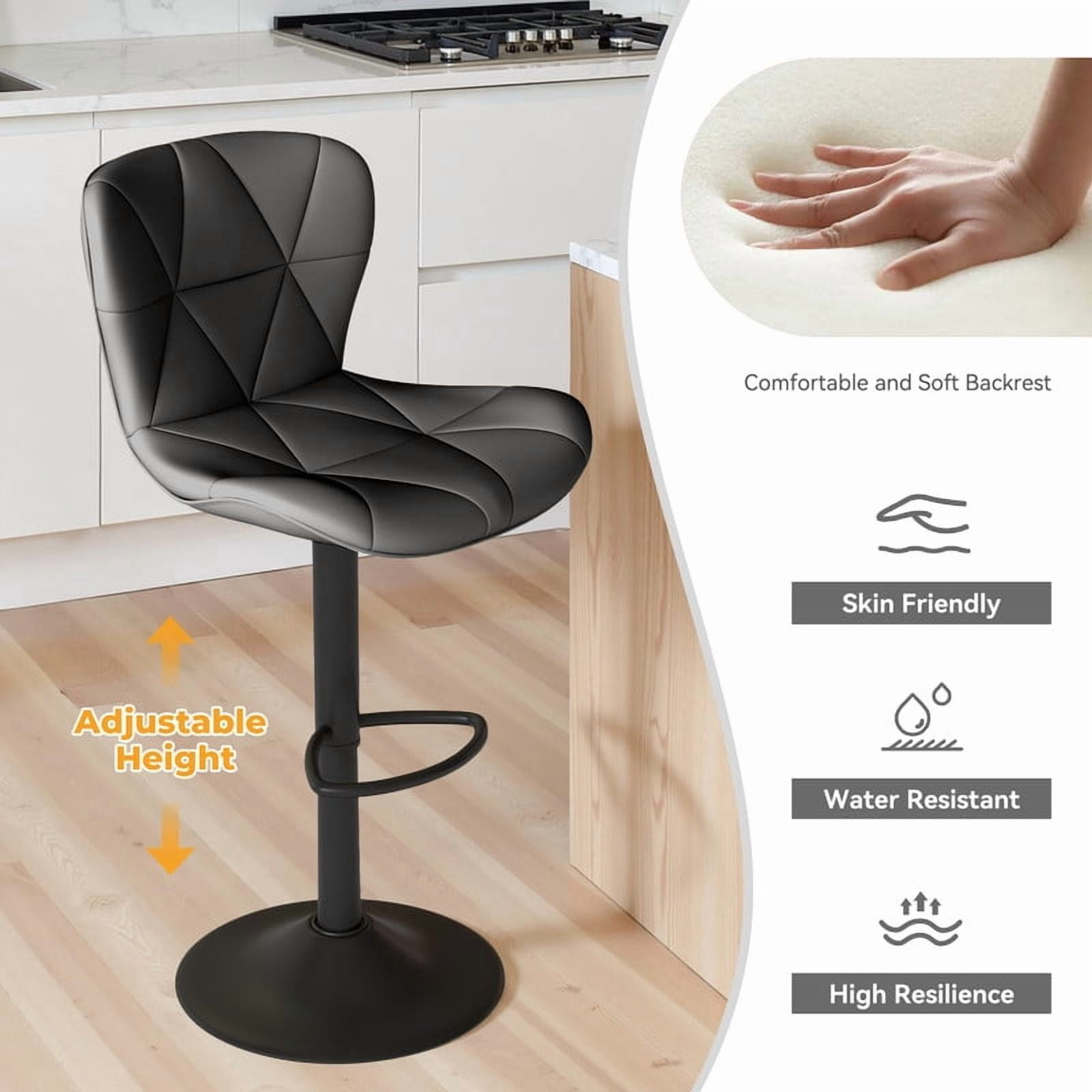 Daluvenix Modern Bar Stools Set of 2, Adjustable Swivel Counter Height Bar Chairs with Back, Faux Leather Upholstered for Kitchen Island, Black