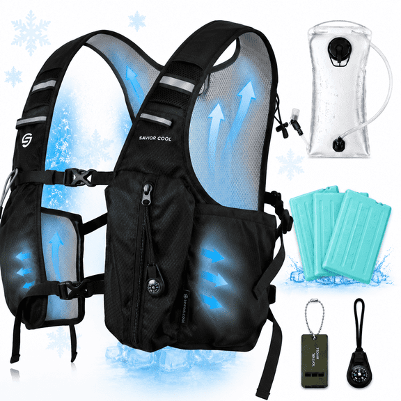 SAVIOR HEAT Cooling Hydration Vest with 3 Removable Cooling Packs, 2L BPA-Free Water Bladder, Lightweight Running Vest for Men Women, Hot Weather Gear for Marathon Cycling Hiking Training