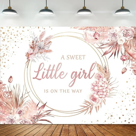 Image of Boho Floral Baby Shower Backdrop 7x5ft - A Sweet Little Girl is on The Way! Pink Pampa Photography Wall for Memorable Celebrations - Durable Tear Proof and Easy to Carry - Perfect for Newborn Partie