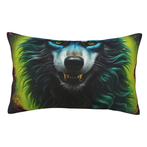 Fotbe Fluorescent Wolf Funda de Almohada Decorativa Estilo Occidental, Lujo en Algodón, Fundas para Almohadas King, Cojín Estampado para Decoración del Hogar-14"x20"