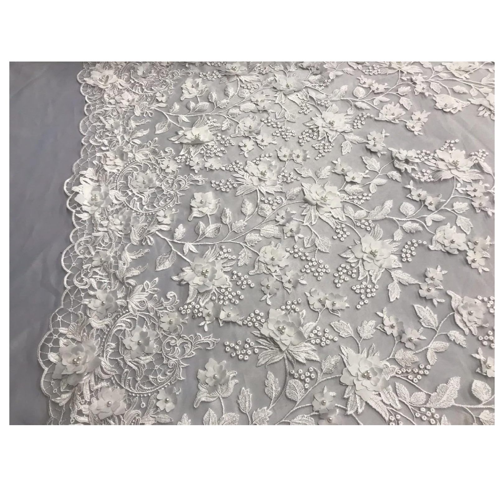 White 3D Floral Embroider with Pearls ON A MESH LACE-Sold by Yard.