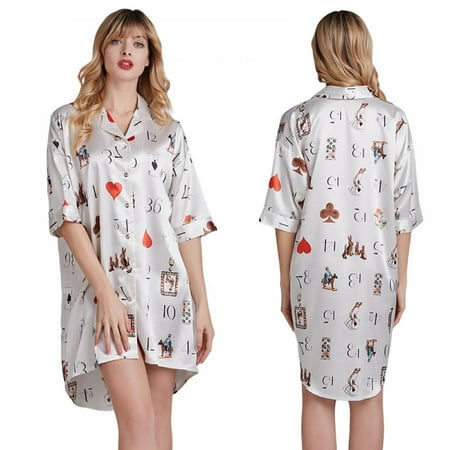 

BRAND PROMOTION! Women Satin Nightgown Button down Sleepshirt Cute Cartoon Print 3/4 Sleeve Nightshirt Loose Boyfriend Notch Collar Sleepwear