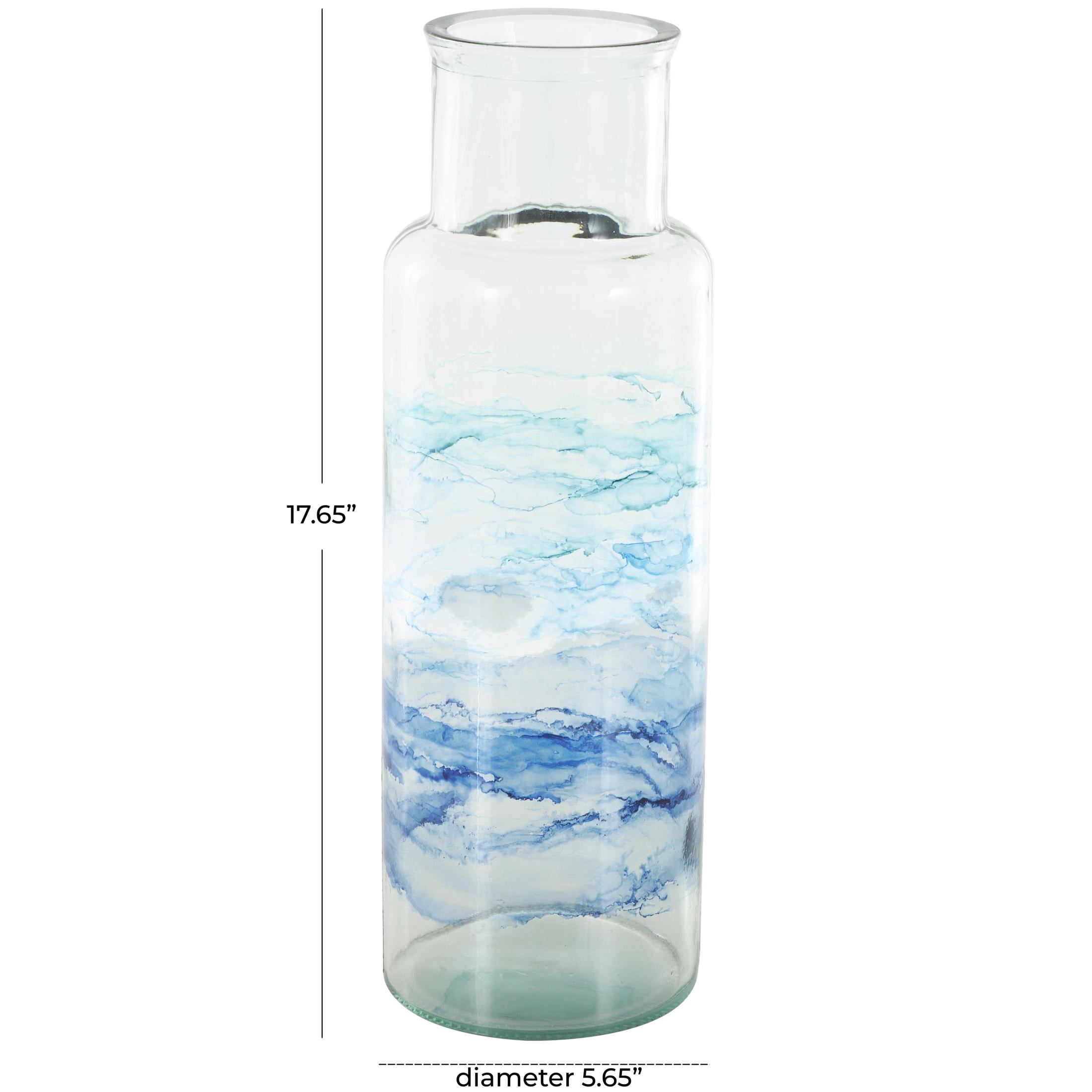 DecMode 18" Abstract Handmade Slim Spanish Bottle Neck Blue Recycled Glass Vase with Ombre Swirled Bands
