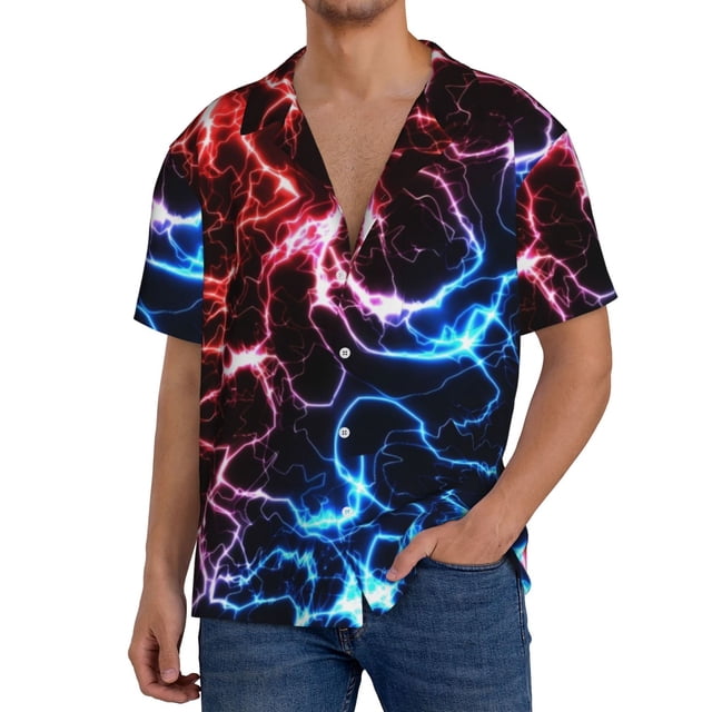 Fotbe Red And Blue Lightning Camisa Estampada de Manga Corta para Hombre, Casual de Verano, Estilo Playero, Sin Arrugas-3X-Large