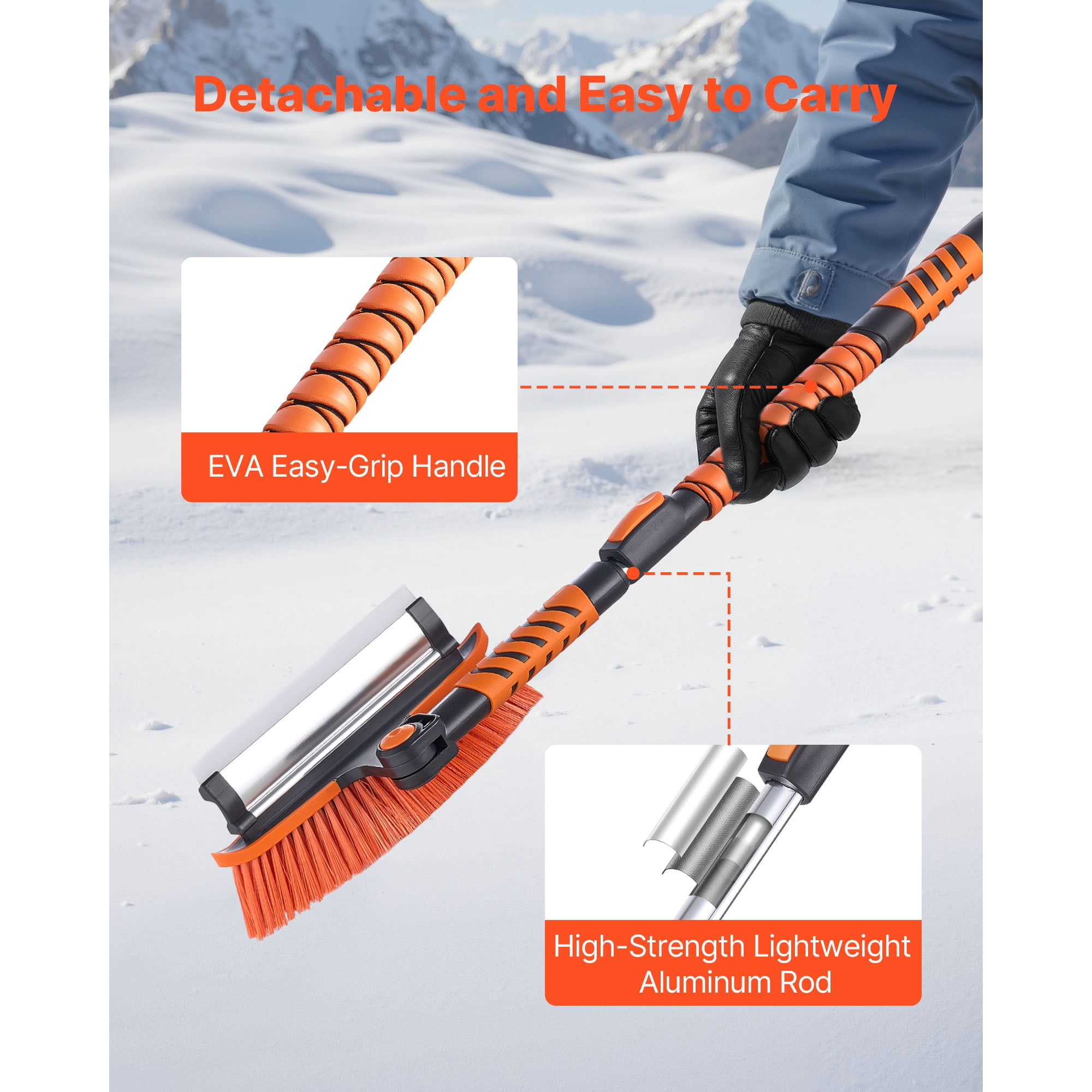 KFFKFF 3-in-1 Car Snow Brush with Ice Scraper, Squeegee, and Adjustable 180° Brush Head, Extendable Aluminum Handle (34.3"-42.1") with Foam Grip for Windshield, Windows, RVs, Trucks, and SUVs