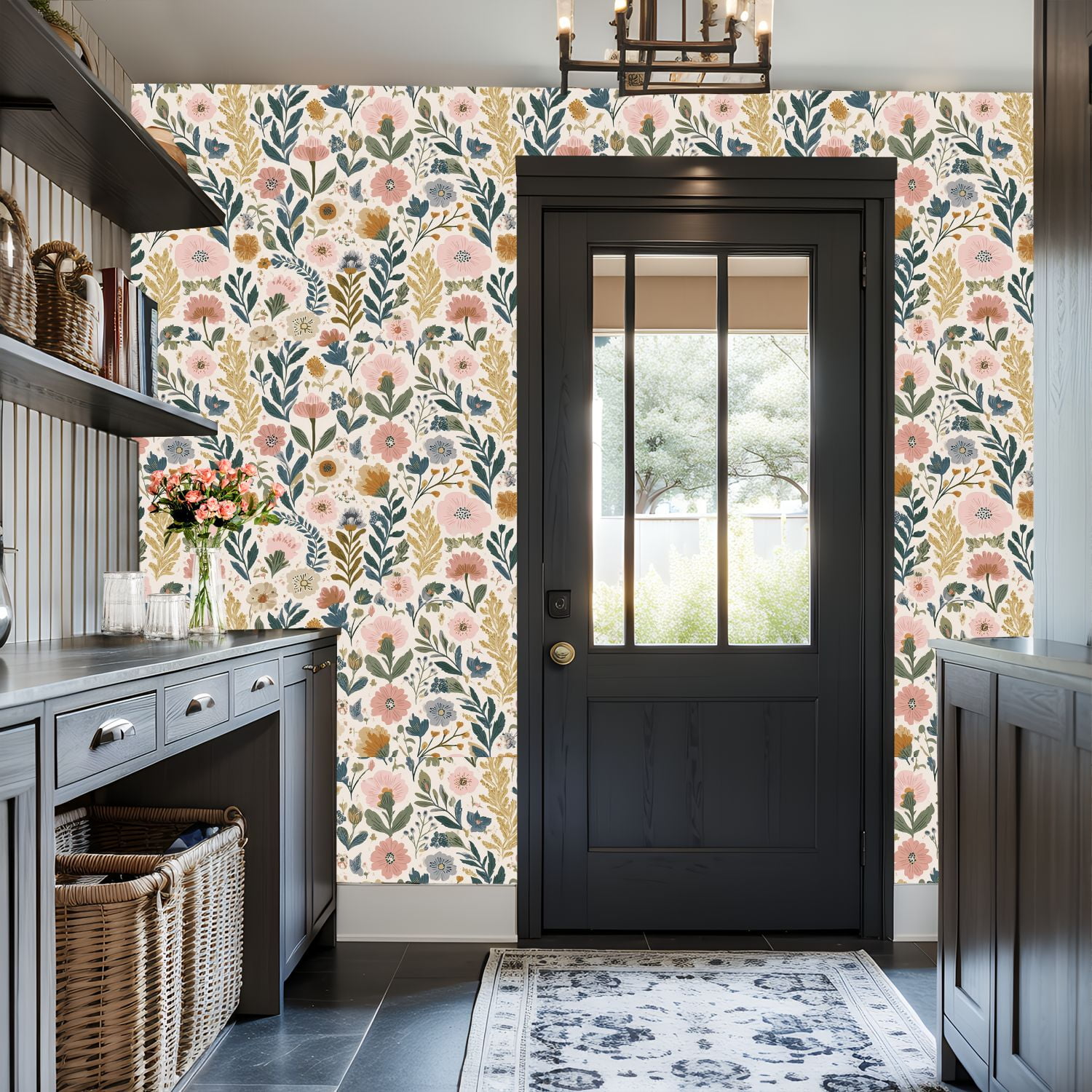 Peel and Stick Wallpaper Botanical Floral Soft Pink Yellow Green Flowers Wall Mural 17.7in x 9.8ft Self Adhesive Removable Wall Paper Renter Friendly Wallpaper for Nursery Bedroom Cabinets